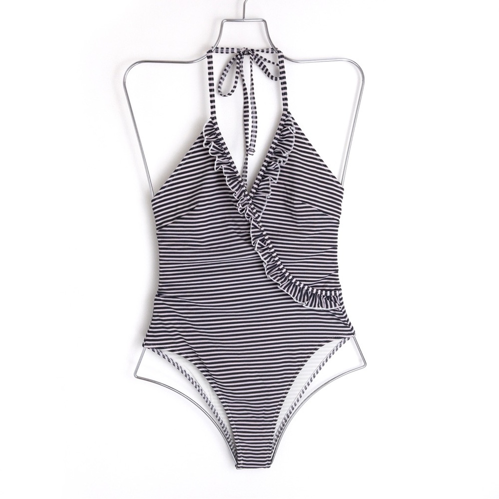 SOLID & STRIPED Black and White Striped Ruffle One-Piece Swimsuit